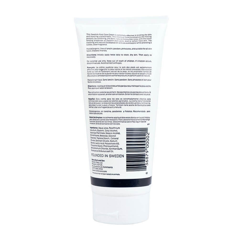 Nordic Care Foot Care Cream back label details with ingredients and benefits for dry feet.