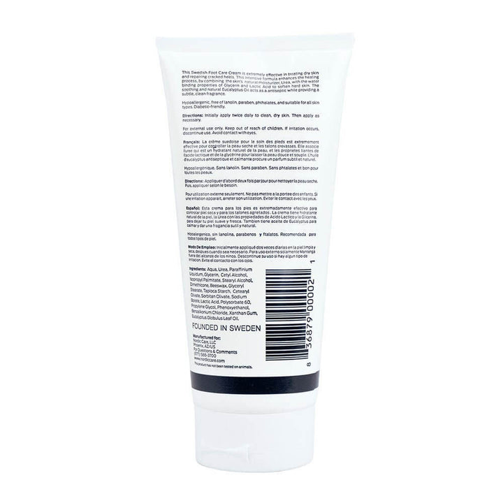 Nordic Care Foot Care Cream back label details with ingredients and benefits for dry feet.