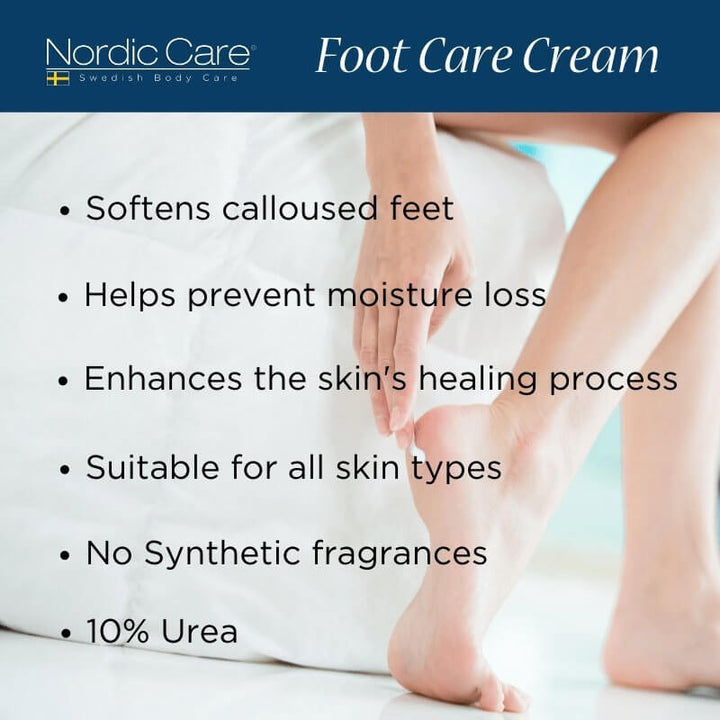 Nordic Care Foot Care Cream benefits showcasing intense hydration for dry feet, enhancing skin healing, and containing 10% Urea.