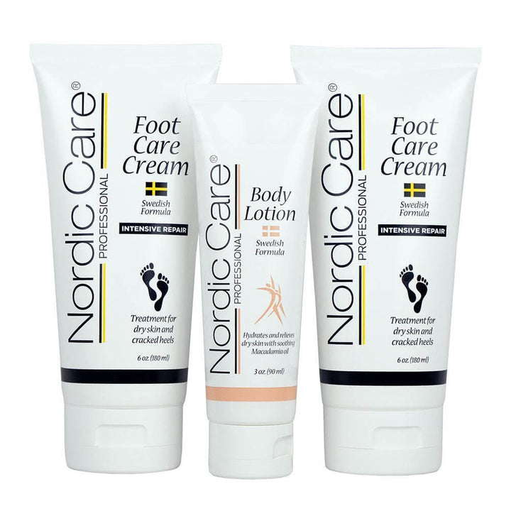 Nordic Care Foot Care Cream bundle pack & Body Lotion featuring two foot creams and one body lotion.