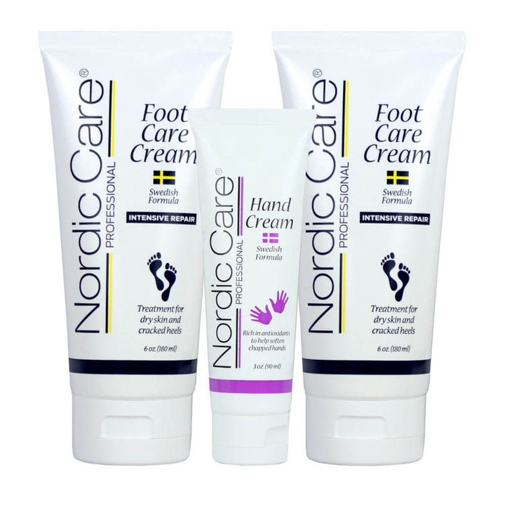 Nordic Care Foot Care Cream bundle pack & Hand Cream featuring two foot creams and one hand cream.