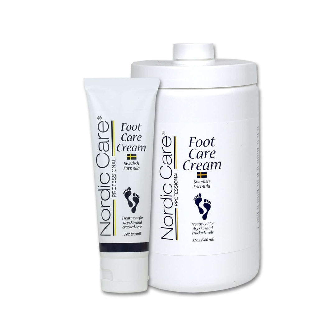 Nordic Care Foot Care Cream 32oz and 3oz travel size for dry, cracked feet, providing intense hydration and repair.