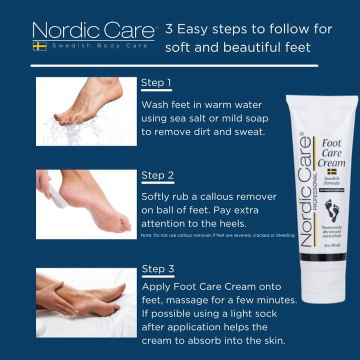 Nordic Care Foot Care Cream steps for soft and beautiful feet, including washing, exfoliating, and applying cream.