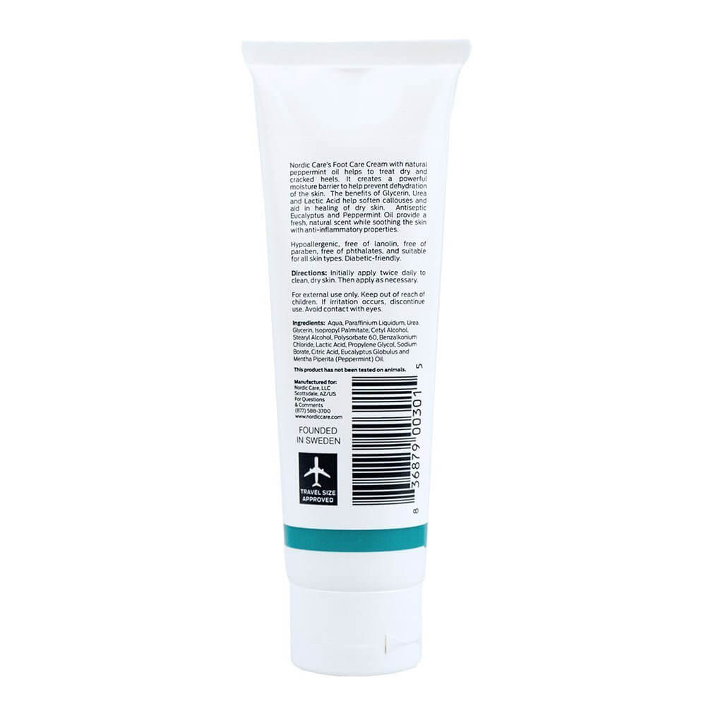 Nordic Care Foot Care Cream with Peppermint Oil tube showing product information and ingredients.