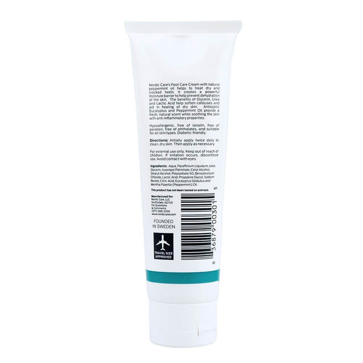 Nordic Care Foot Care Cream with Peppermint Oil tube showing product information and ingredients.