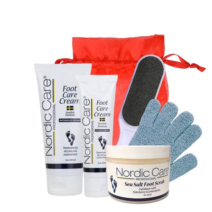 Nordic Care Pedicure pack including foot care cream, sea salt foot scrub, and accessories for dry feet.