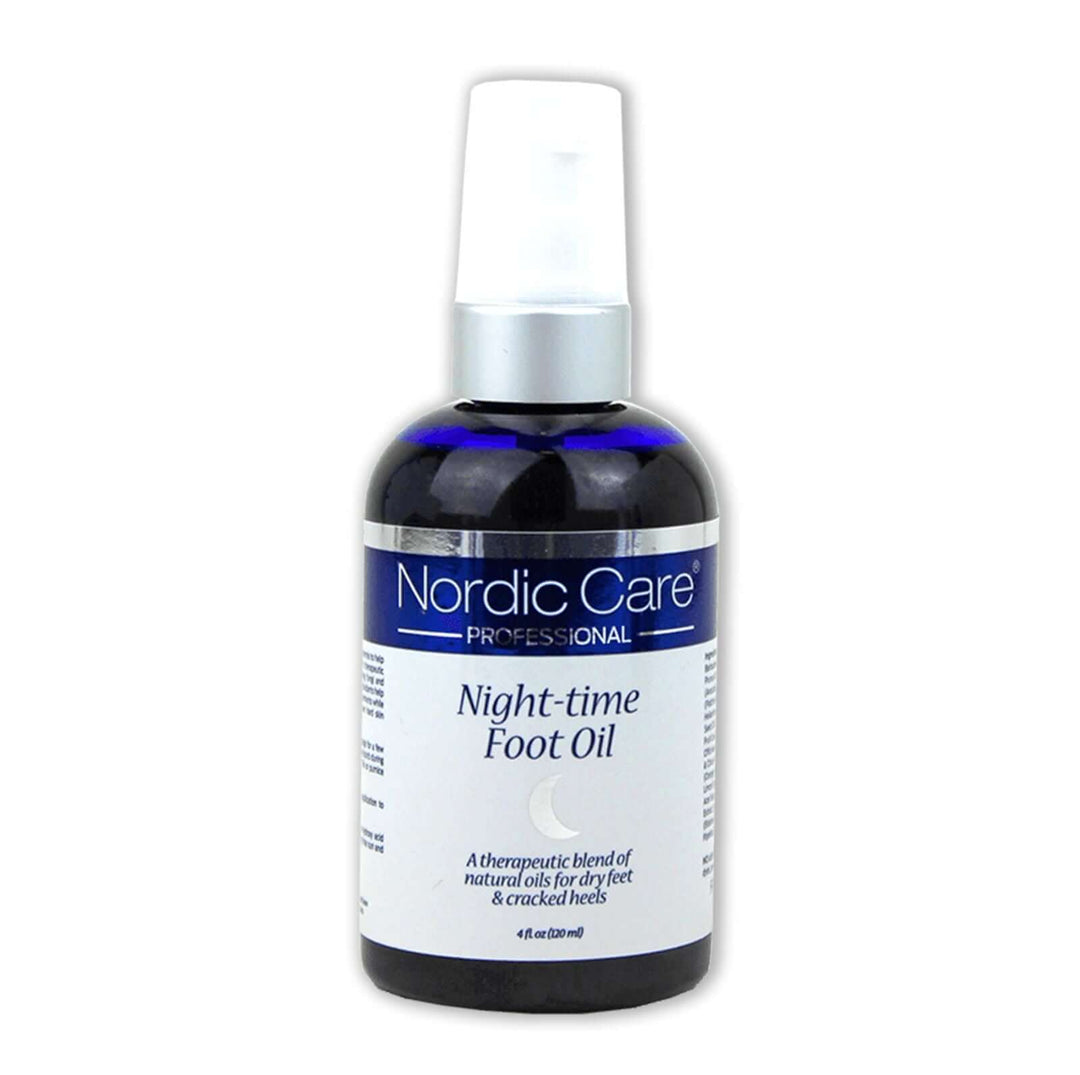 Nordic Care Night-time foot oil bottle for dry feet & cracked heels, featuring a blend of natural oils.
