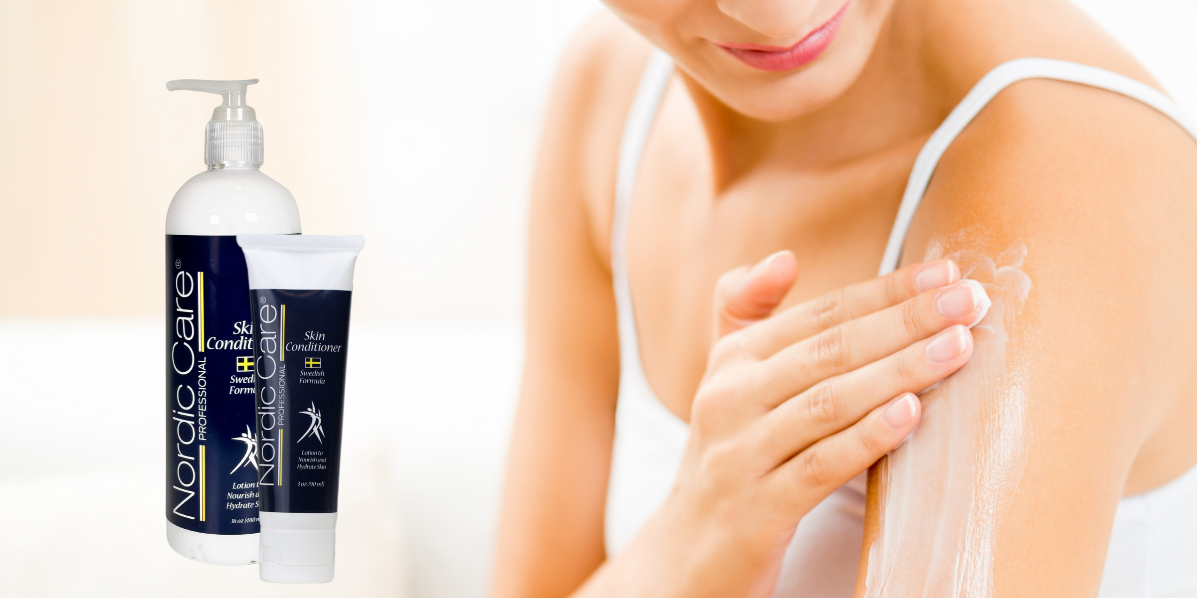 applying lotion to shoulder with Nordic Care Skin Conditioner